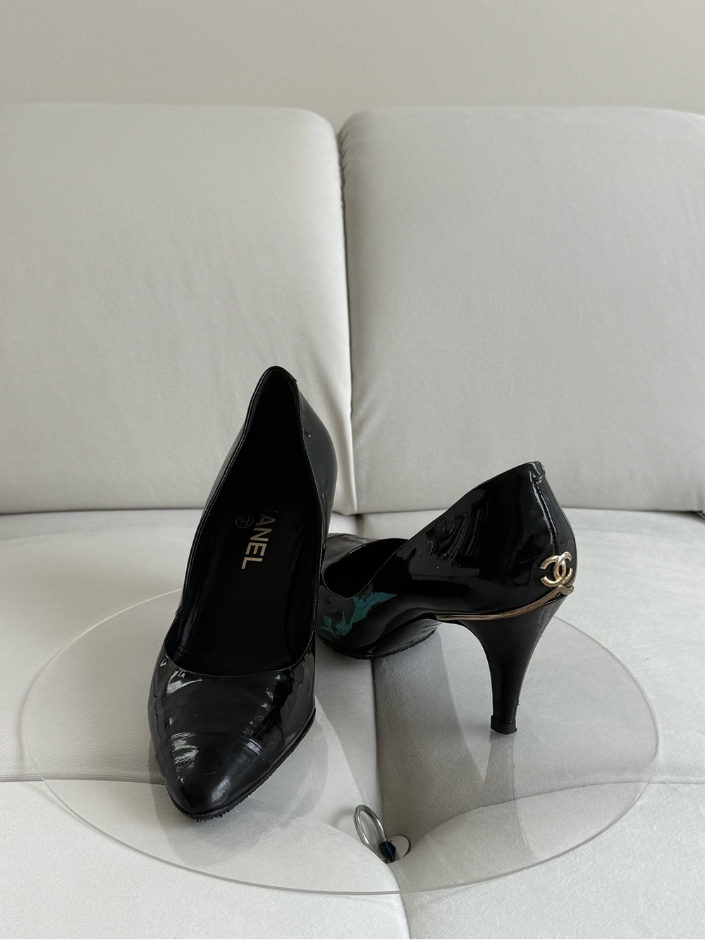 CHANEL Black Patent Leather Classic Gold Accent CC Pump Heels